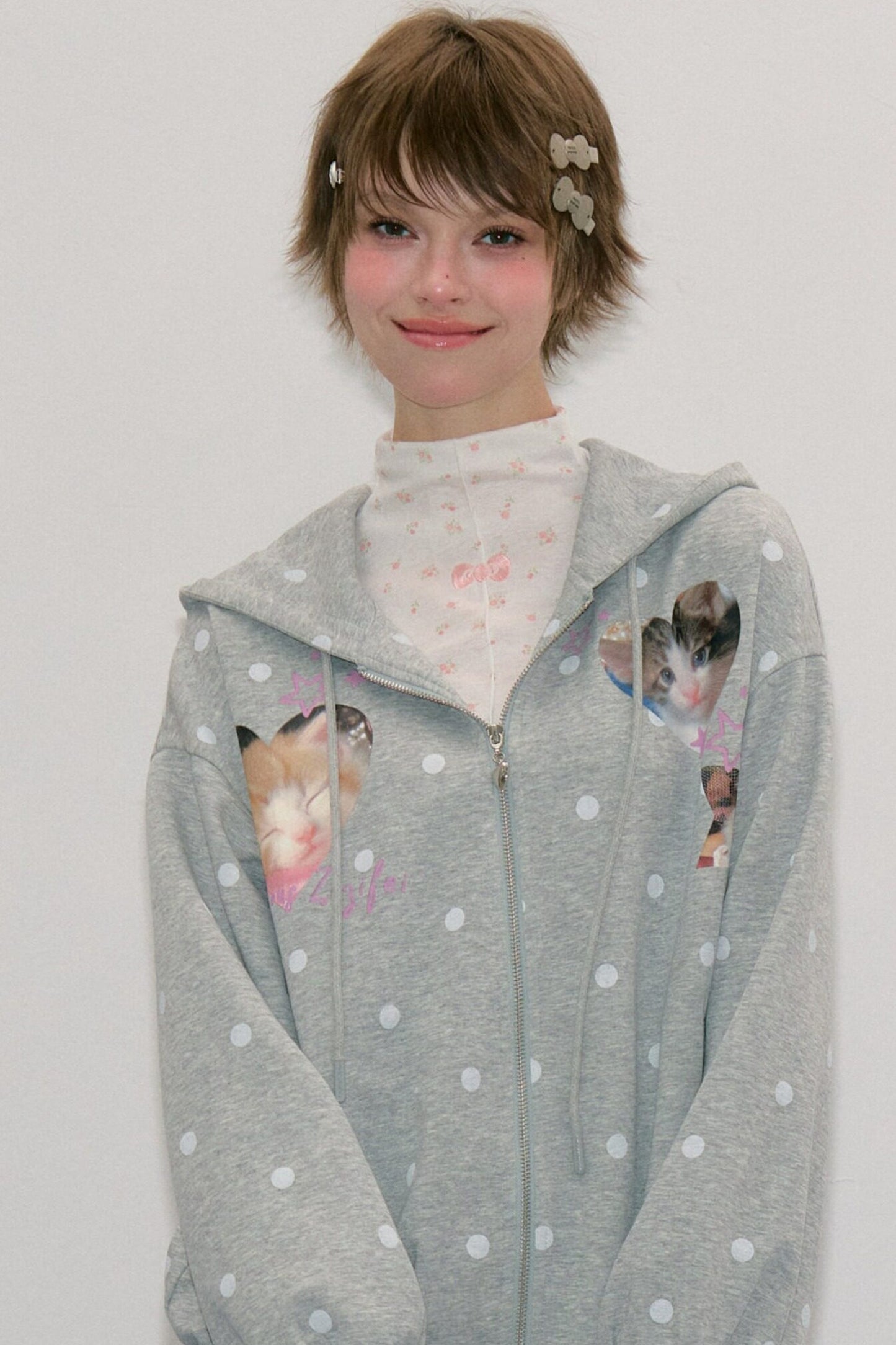 Cat Polka Dot Zipper Hooded Jacket