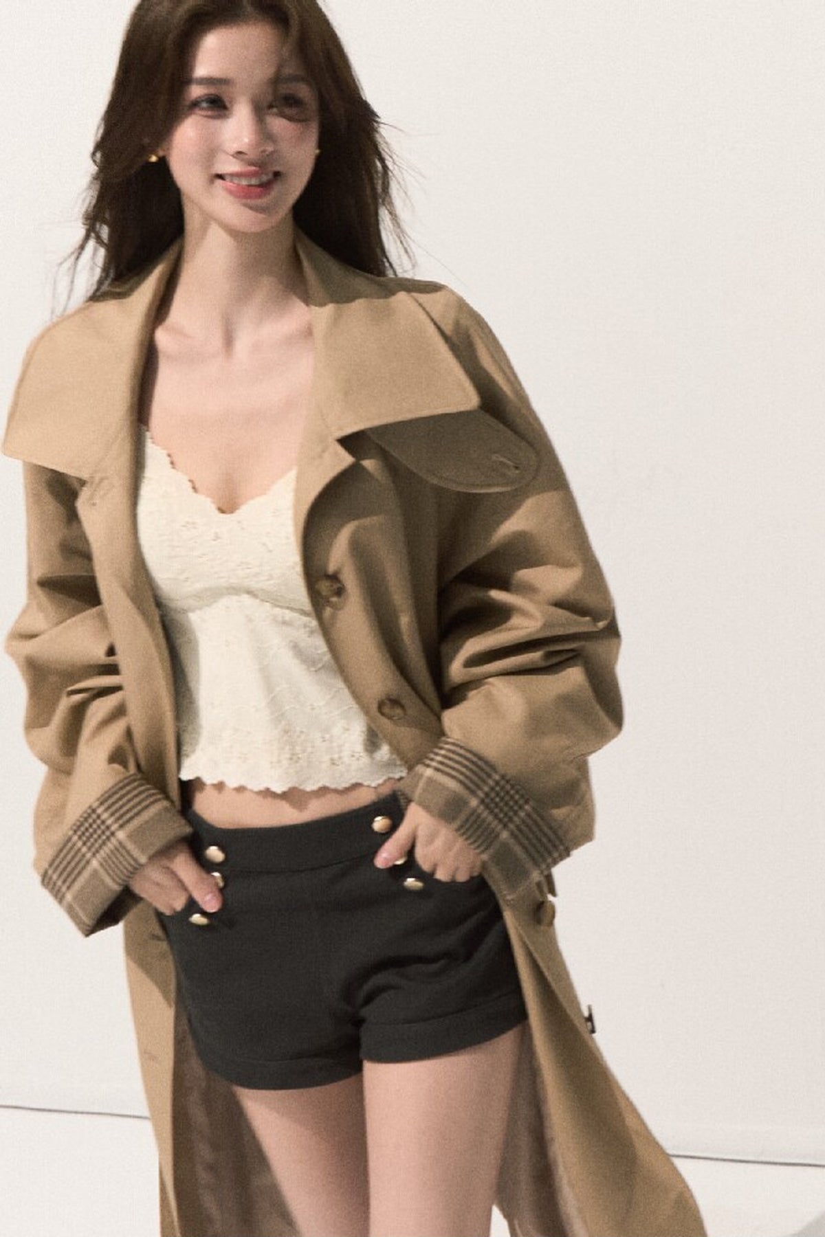 Trench-coat à carreaux à col montant