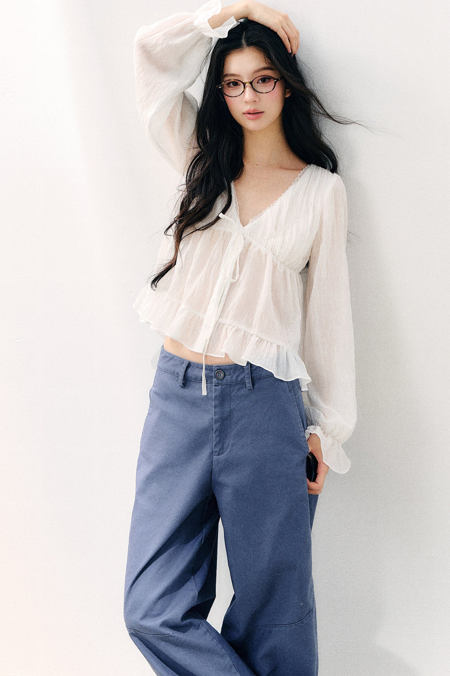 Tie Neck V-Neck Long Sleeve Ruffle Chiffon Blouse