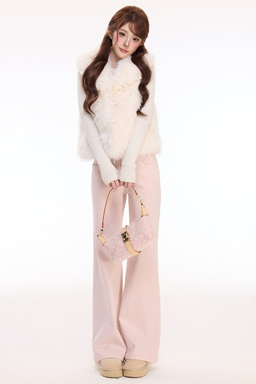 Woolen Mesh Ruffle Skirt and Furry Vest Set-Up