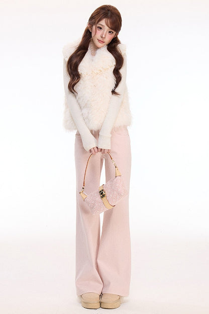 Woolen Mesh Ruffle Skirt and Furry Vest Set-Up
