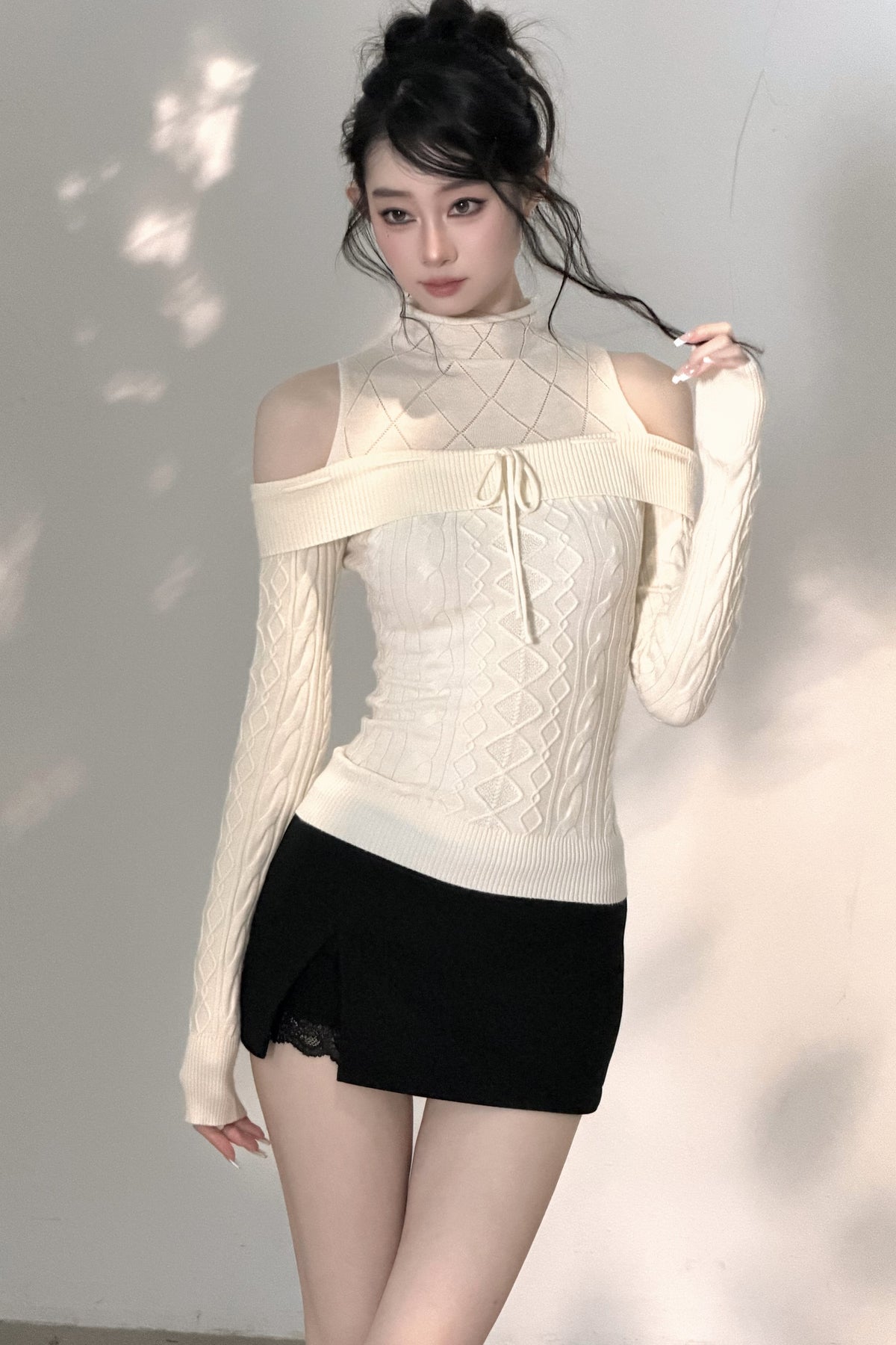 Hollow-Out Off-Shoulder Diamond Knit Top