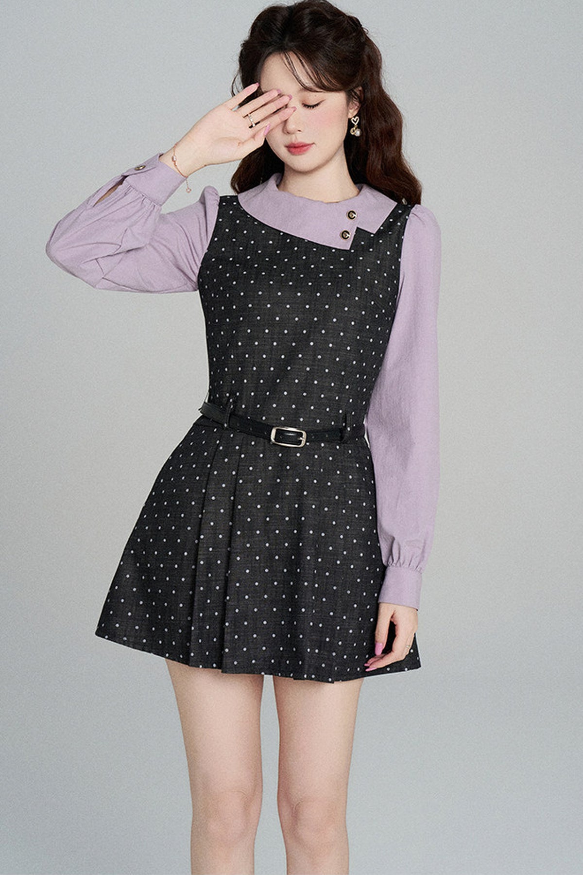 Black Purple Polka Dot Long Sleeve Dress