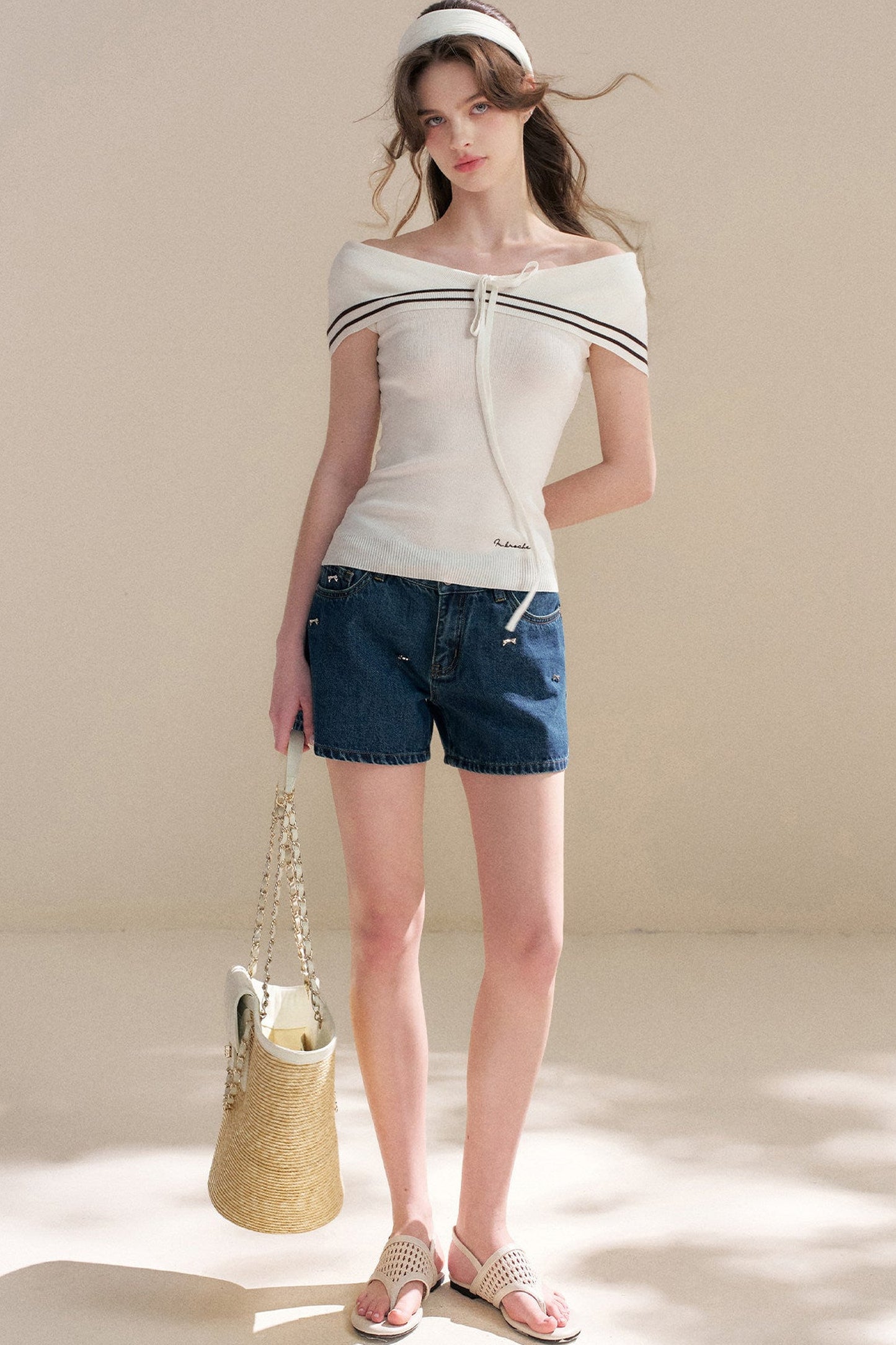 Navy Lyocell Off-Shoulder Knit Top