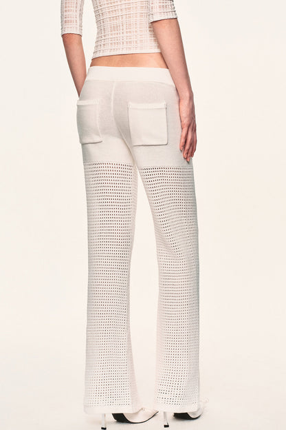 White Hollow-Out Mesh Crochet Straight Pants