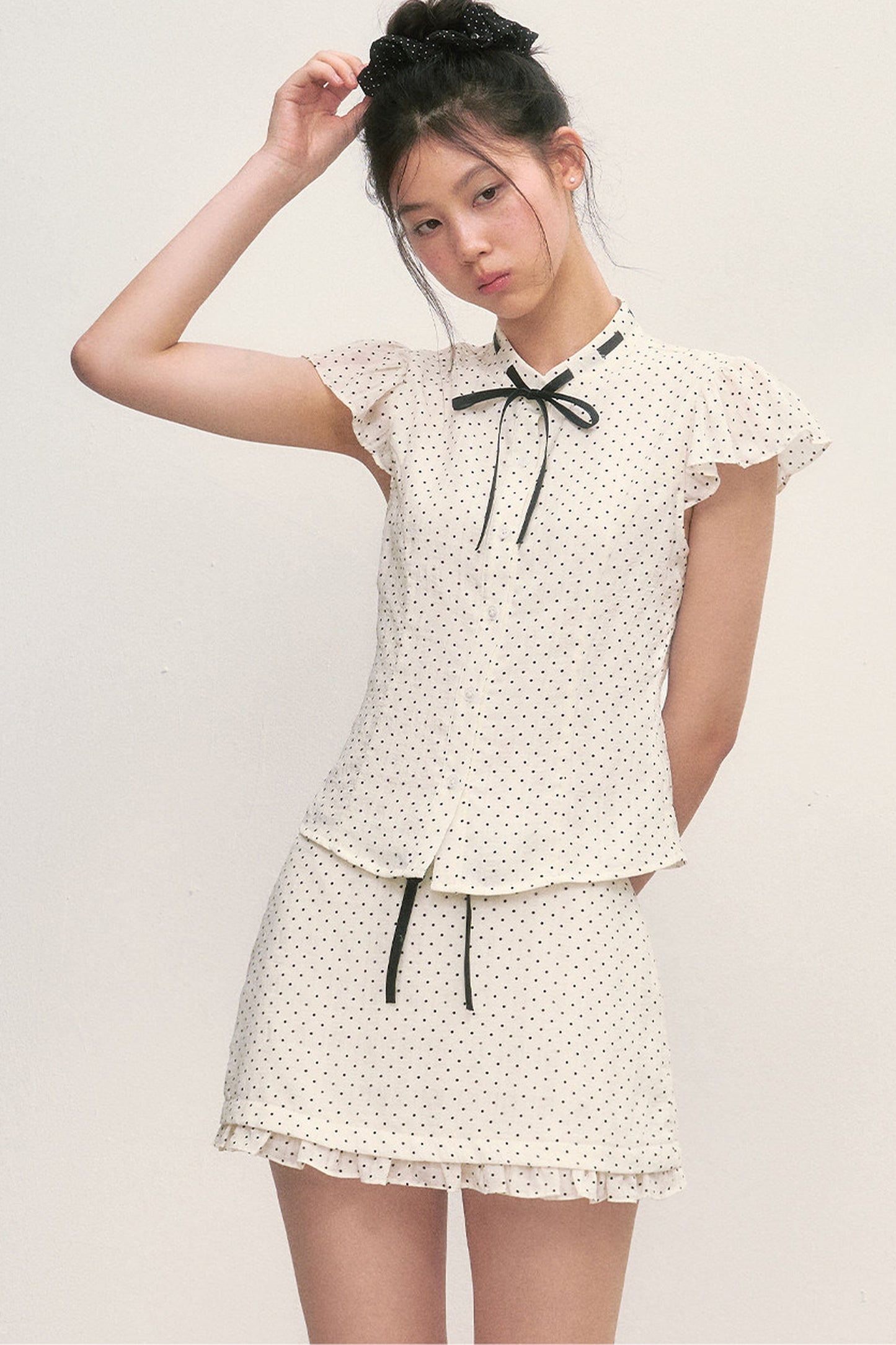 Polka Dot Tie Neck Short-Sleeved Shirt and Skirt Set-Up