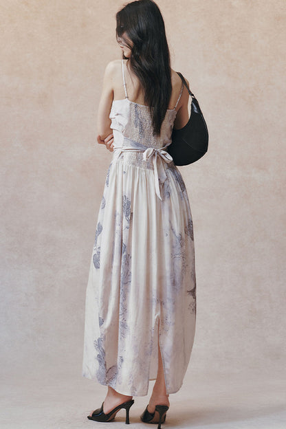 Ink Wash Plant Print Ribbon Dress