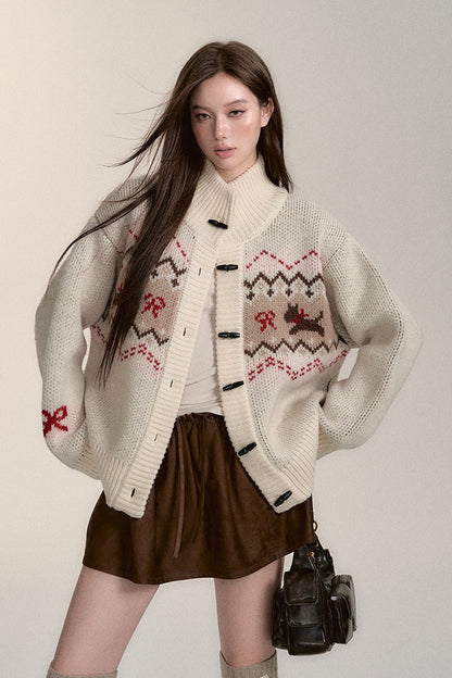 Fair Isle Dog Pattern Wool Cardigan