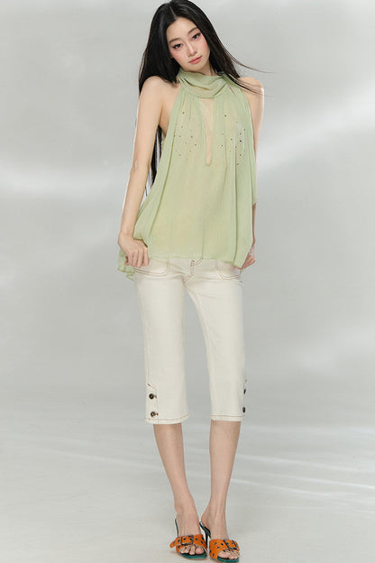 Rhinestone Chiffon Lace Blouse