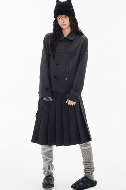 Double-Breasted Wool Coat and Pleated Skirt Set