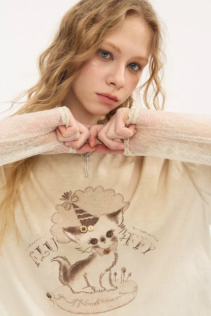 T-shirt vintage effetto consumato con stampa gattino