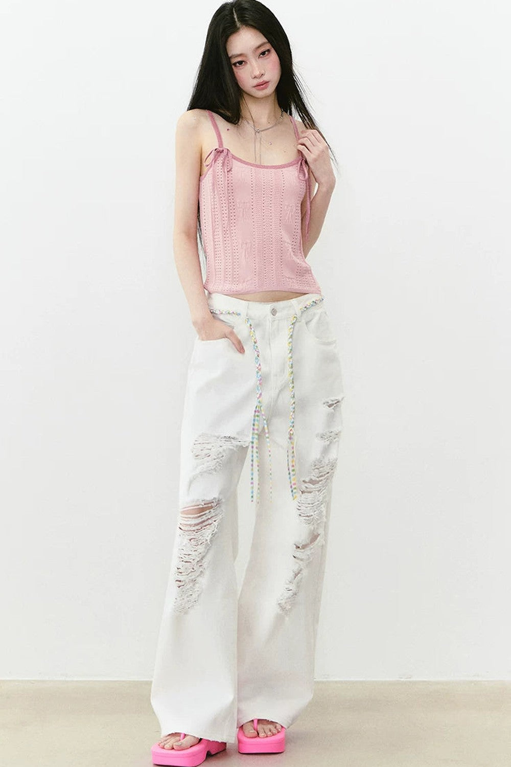Rhinestone Ripped Denim Pants