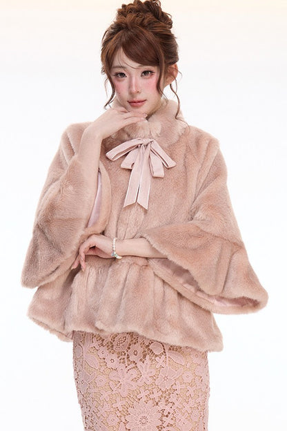 Pink Stand Collar Bow Fur Cape Coat and Midi Skirt Set-Up