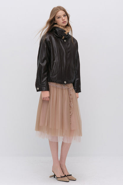 Textured Leopard Fur Collar PU Jacket