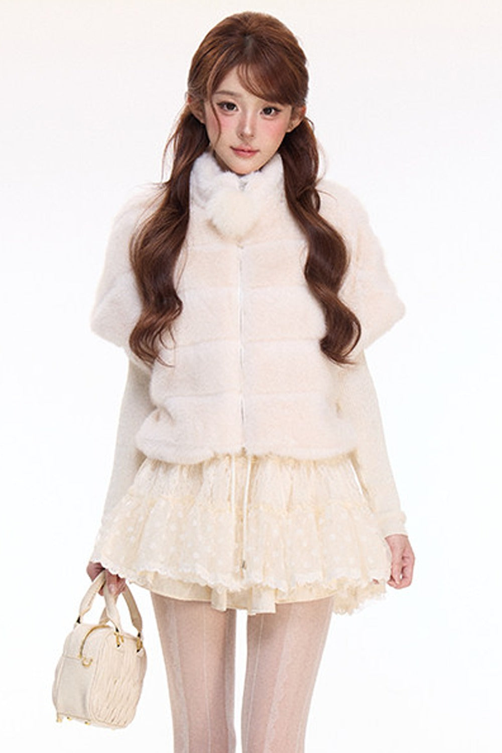 Rabbit Fur Jacket and Polka Dot Lace Skirt Set-Up