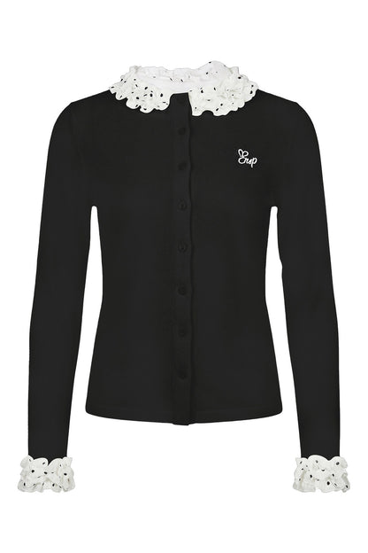 Polka Dot Lace Long-Sleeve Knit Cardigan Set-Up