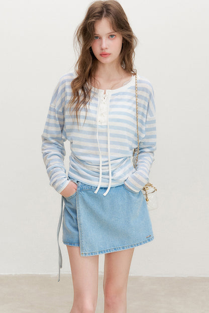 Striped Tie-Waist Top and Denim Skirt Set-Up