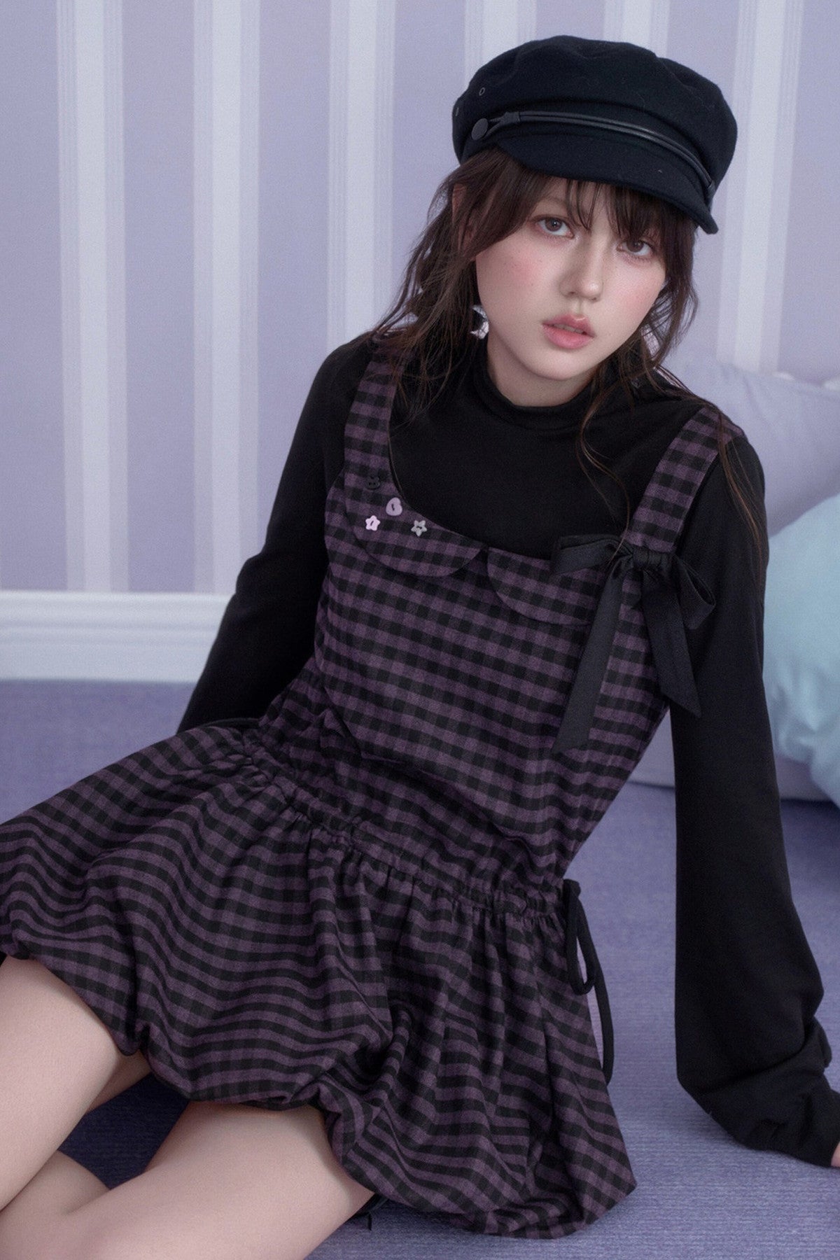 Layered-Look Plaid Long Sleeve Dress