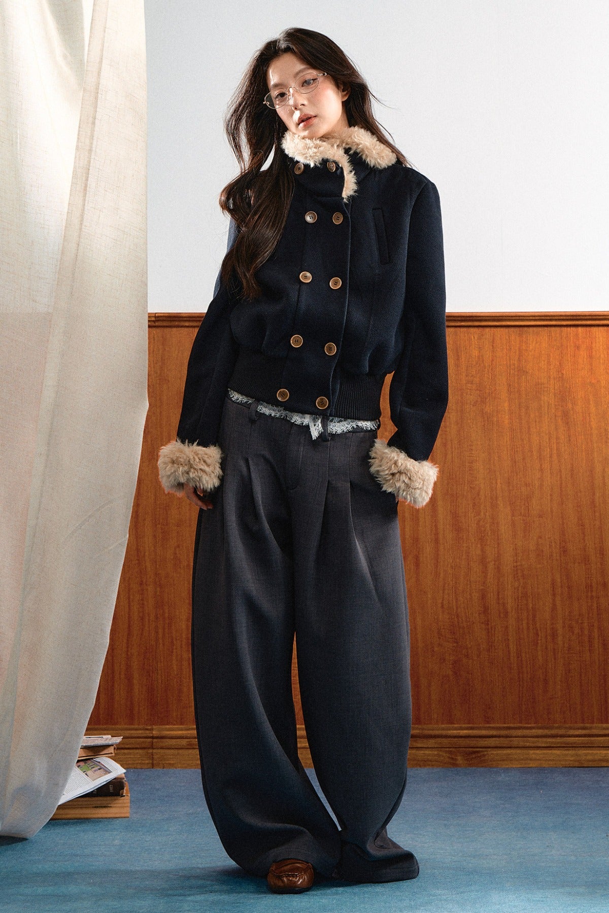 Double-Breasted Fur Trim Jacket