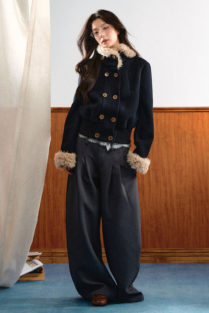 Double-Breasted Fur Trim Jacket