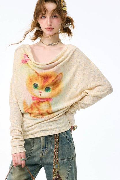 Cat Print Long Sleeve Blouse
