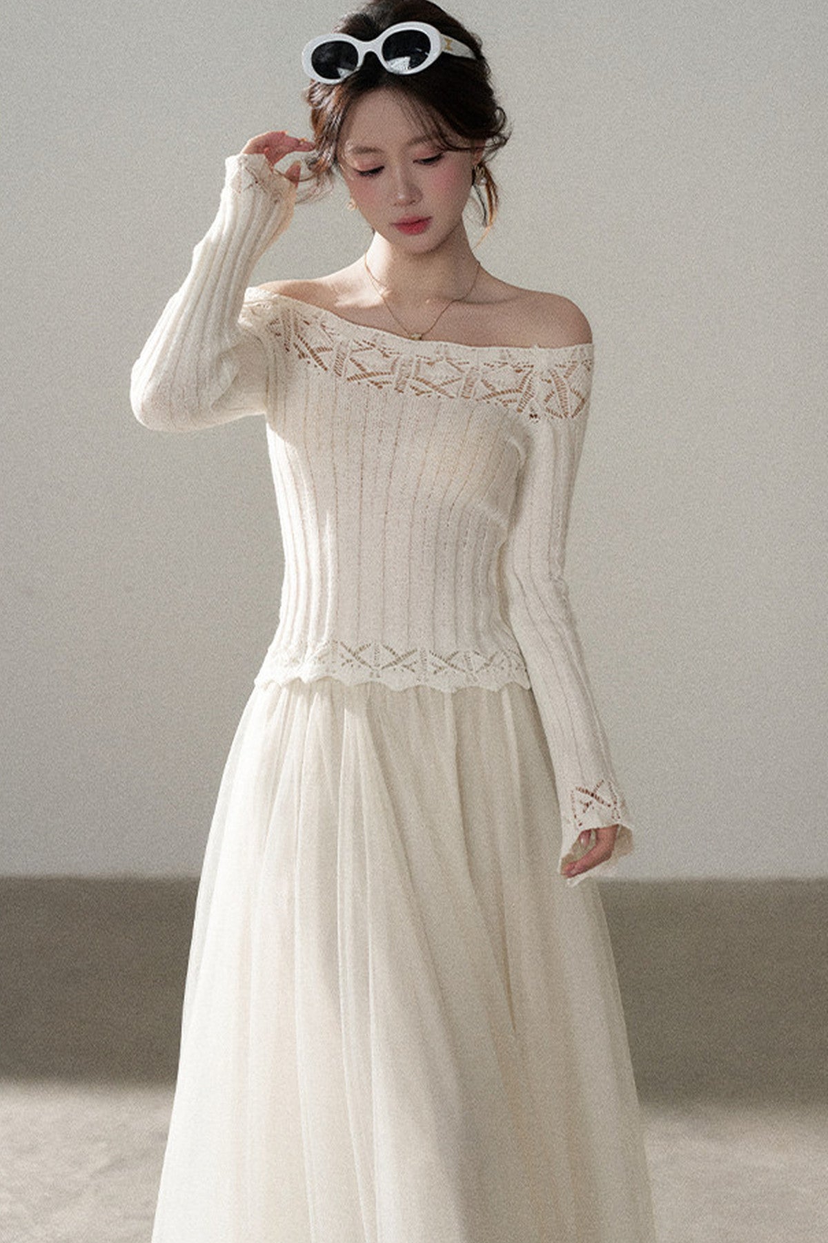 Off-Shoulder Lace Hollow-Out Knit Pullover