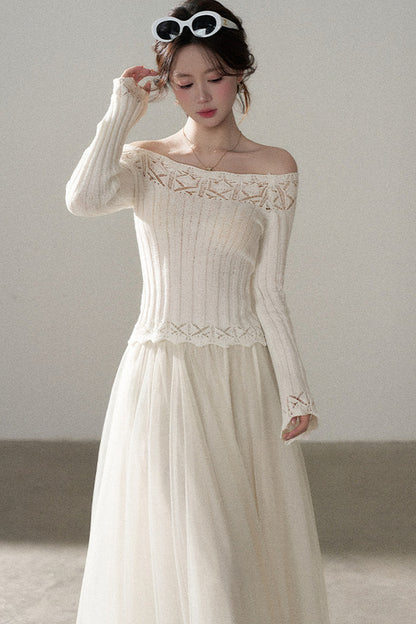 Off-Shoulder Lace Hollow-Out Knit Pullover