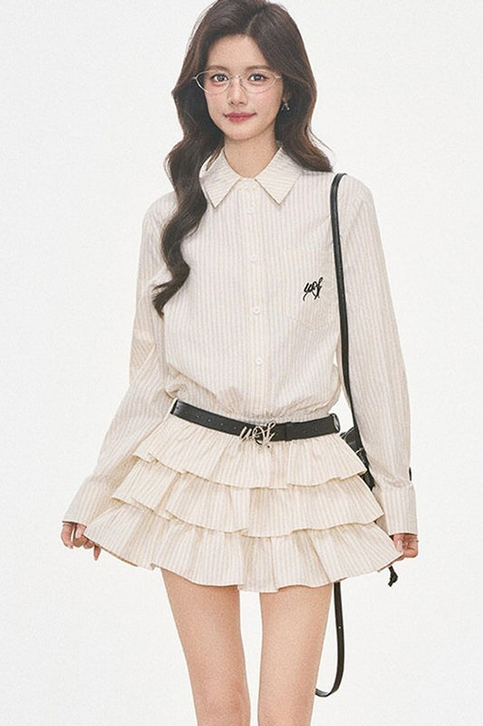 Woolen Baseball Jacket with Tiered Shirt Dress Set-Up