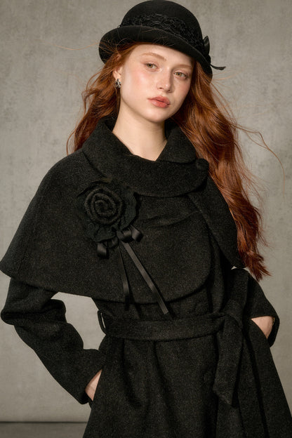 Floral Embroidered Long Woolen Cape Coat Set-Up