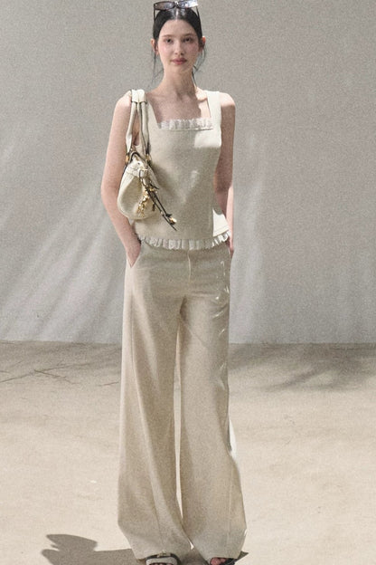 Linen Lace Patchwork Vest and Pants Set-Up