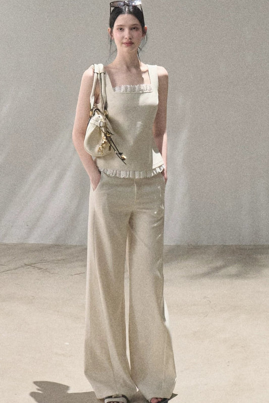 Linen Lace Patchwork Vest and Pants Set-Up