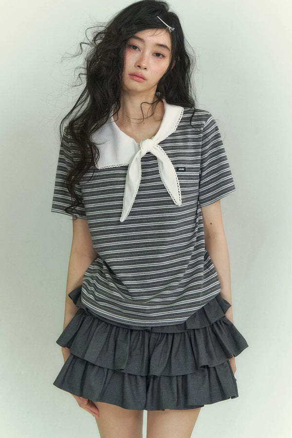 Somesowe Tie-Neck Striped T-Shirt