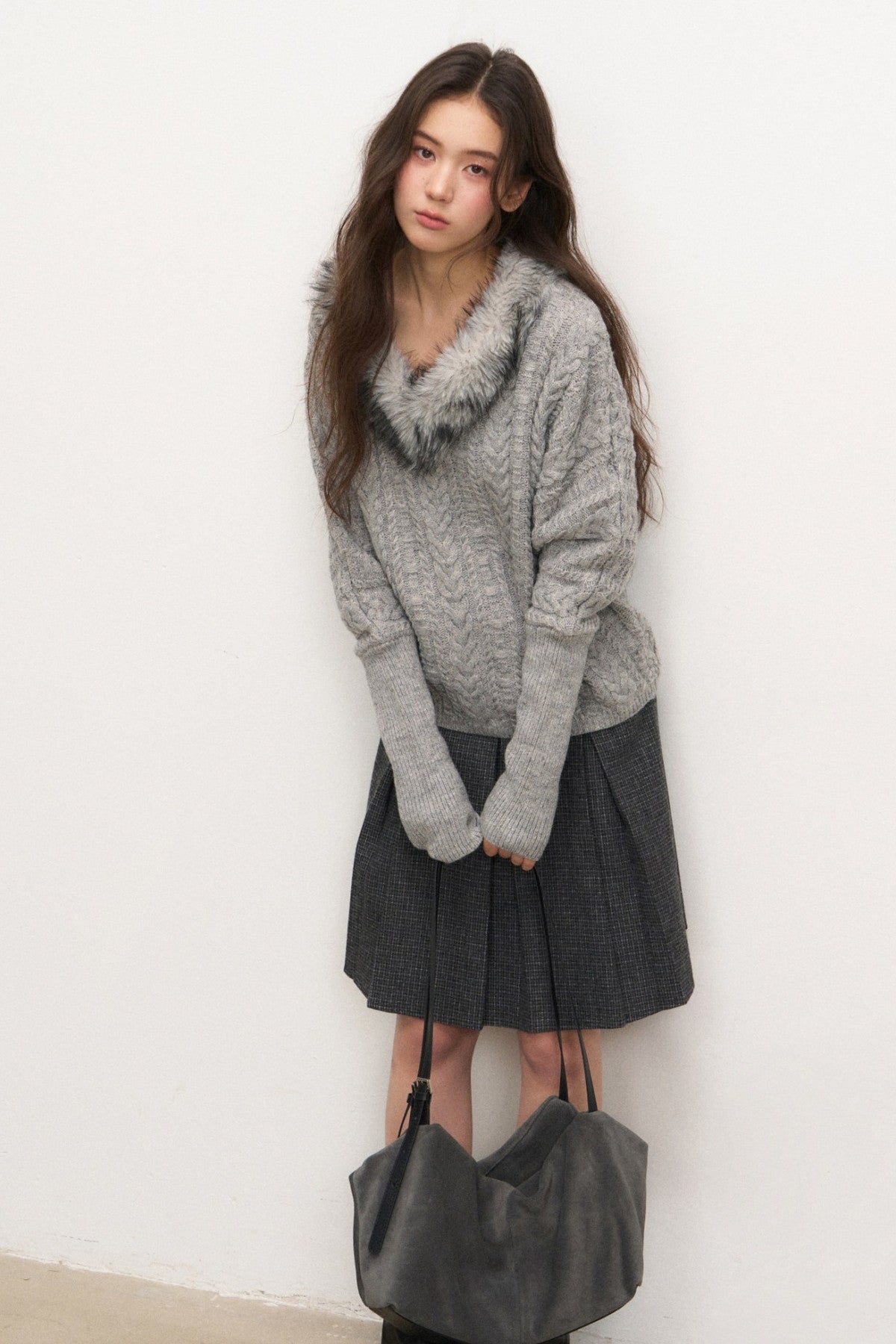 Fur Collar Knit Top and Skirt Set-Up