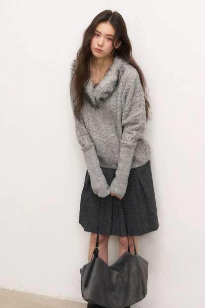 Fur Collar Knit Top and Skirt Set-Up