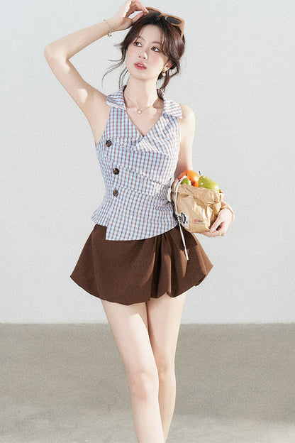 Blue Plaid Sleeveless Halter Shirt and Irregular Hem Skirt Set-Up