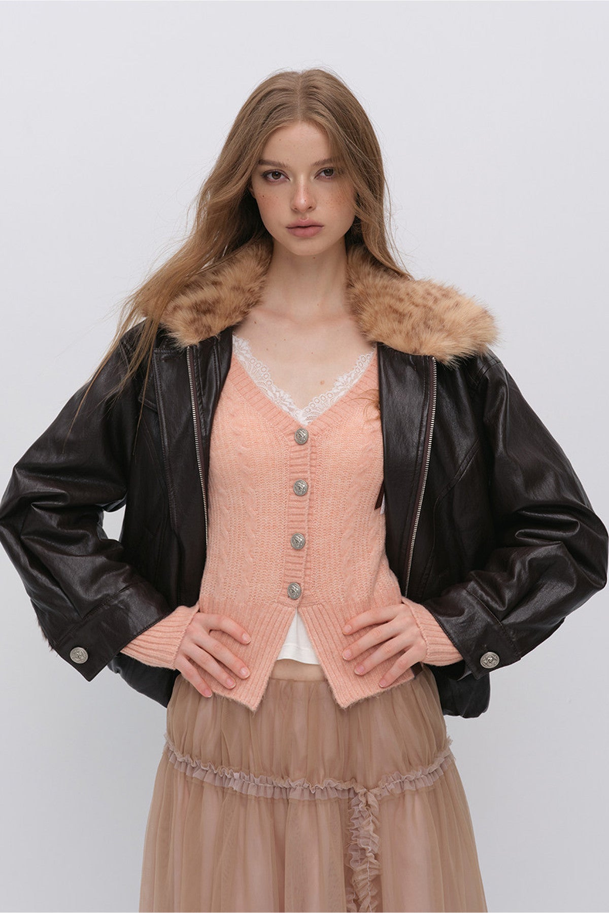 Textured Leopard Fur Collar PU Jacket