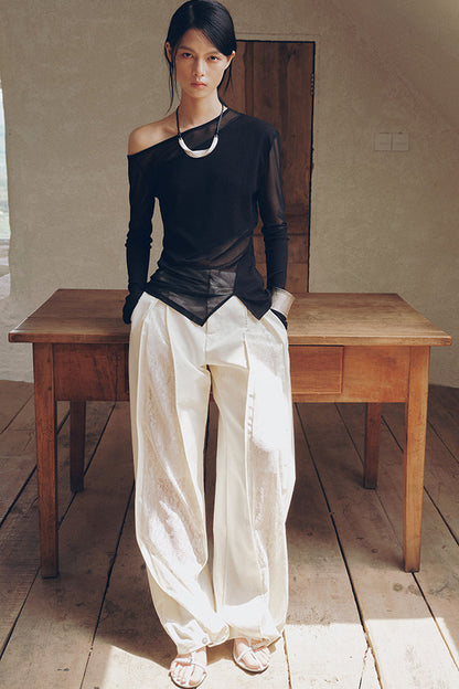 Asymmetrical Sheer Long Sleeve Top