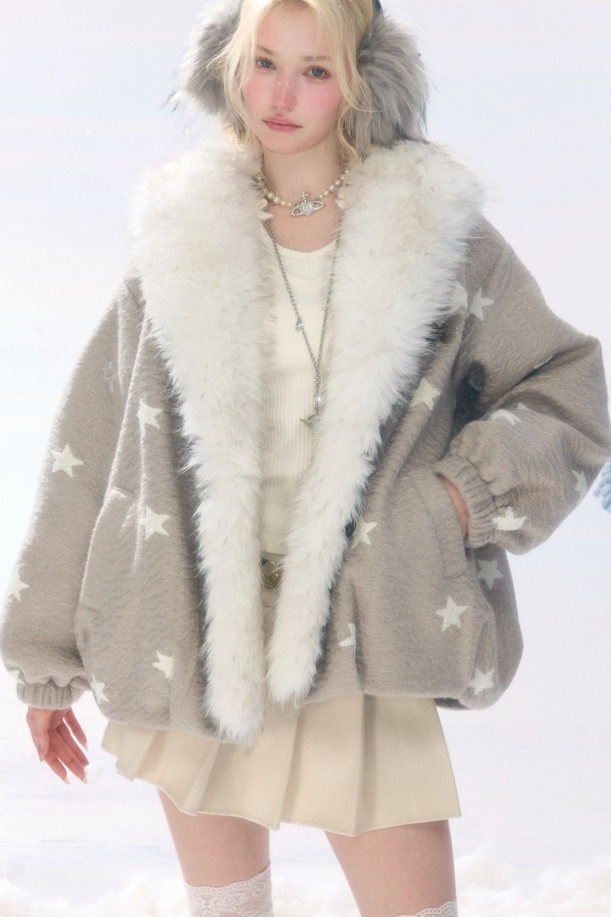 Star Polka Dot Plush Collar Jacket