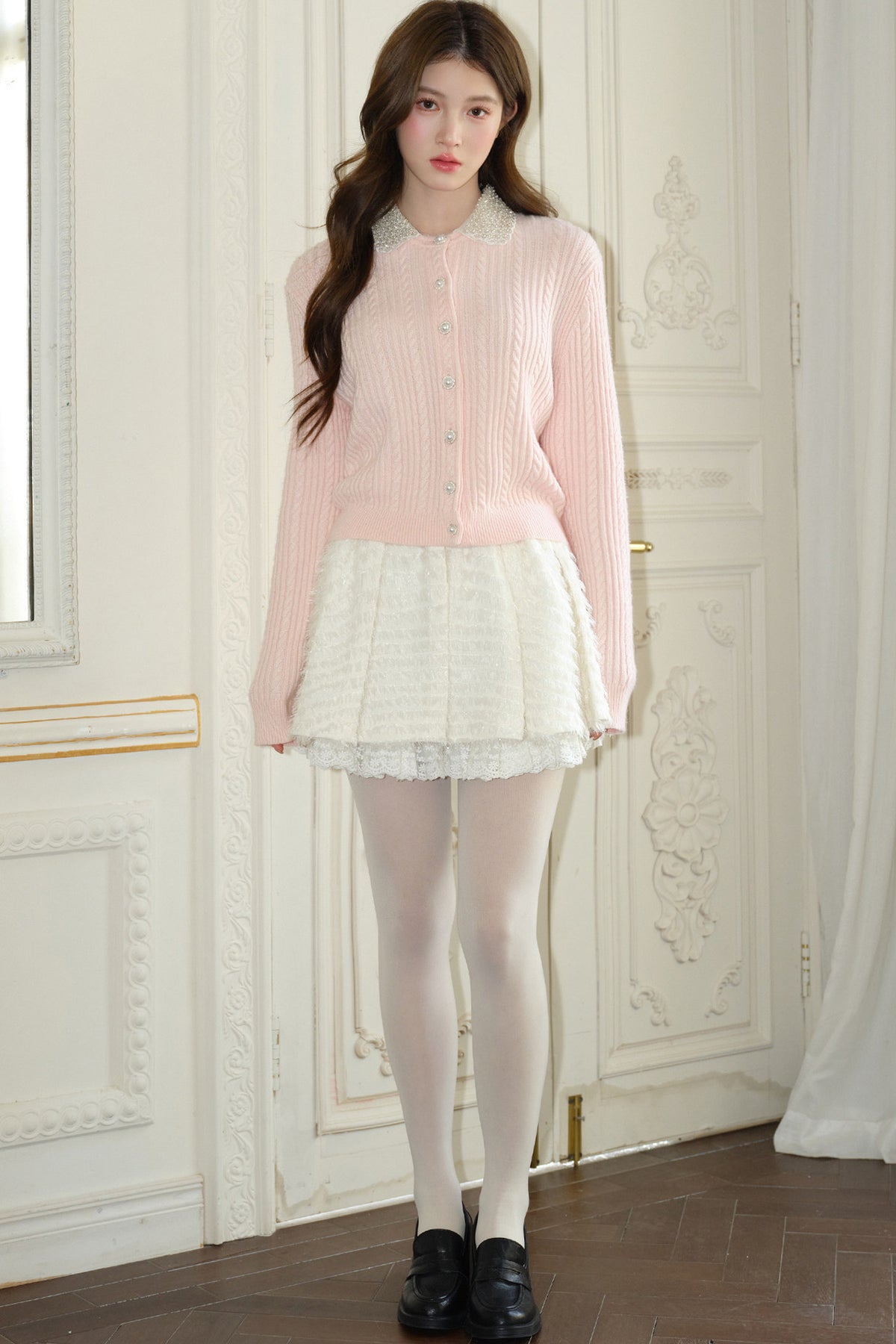 Tassel Sequin Pleated Lace Skirt