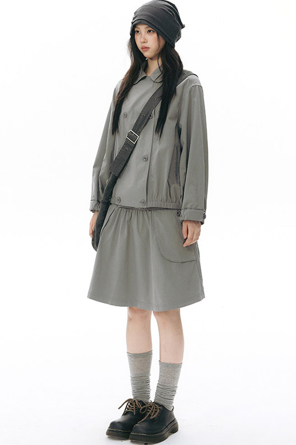 Side Seam Button Pleated Beanie Knit