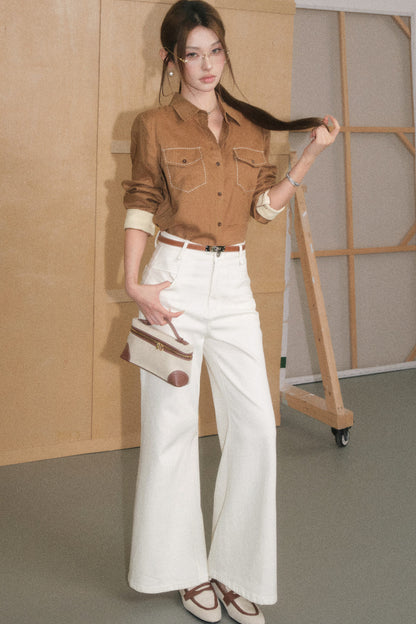 Color-Blocked Linen Shirt and White Pants Set-Up