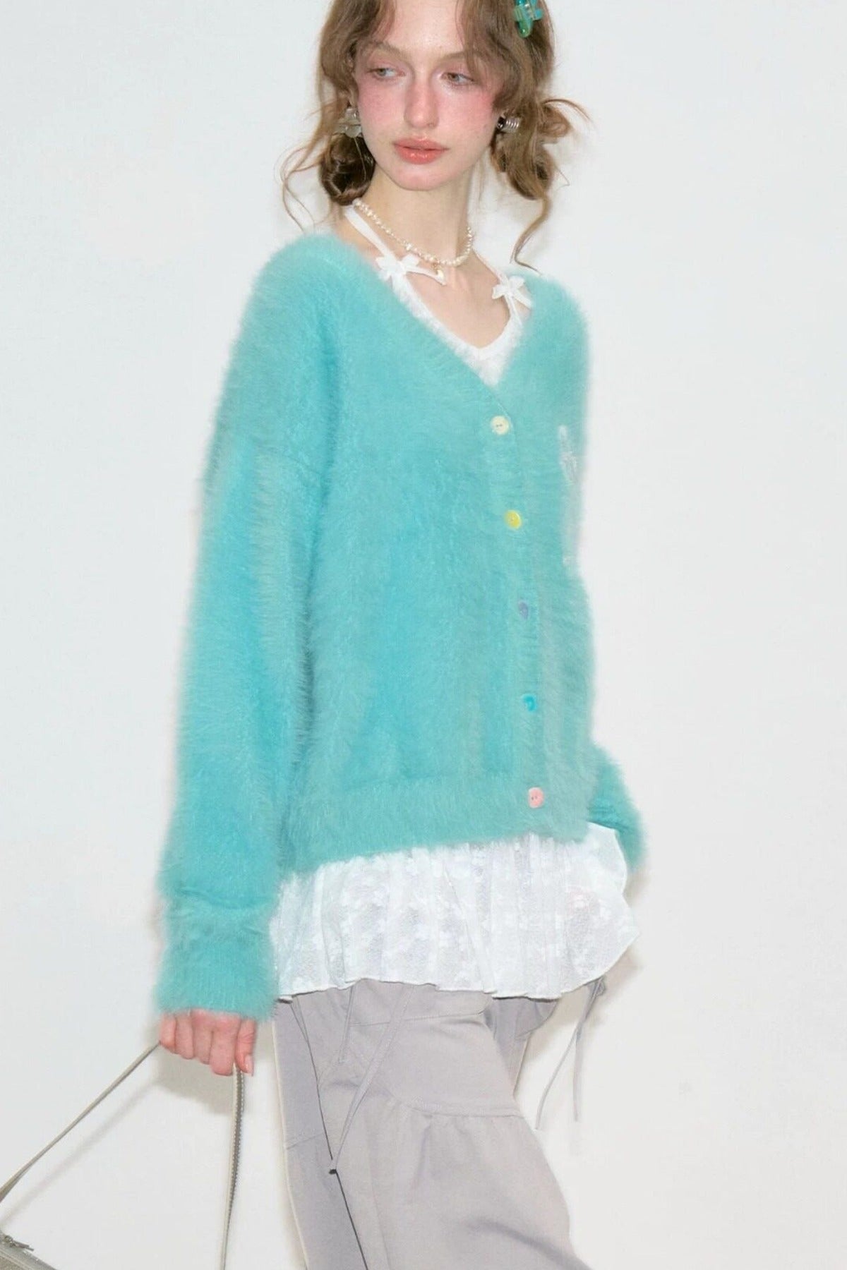 Blue-Green Bowknot Knit Cardigan