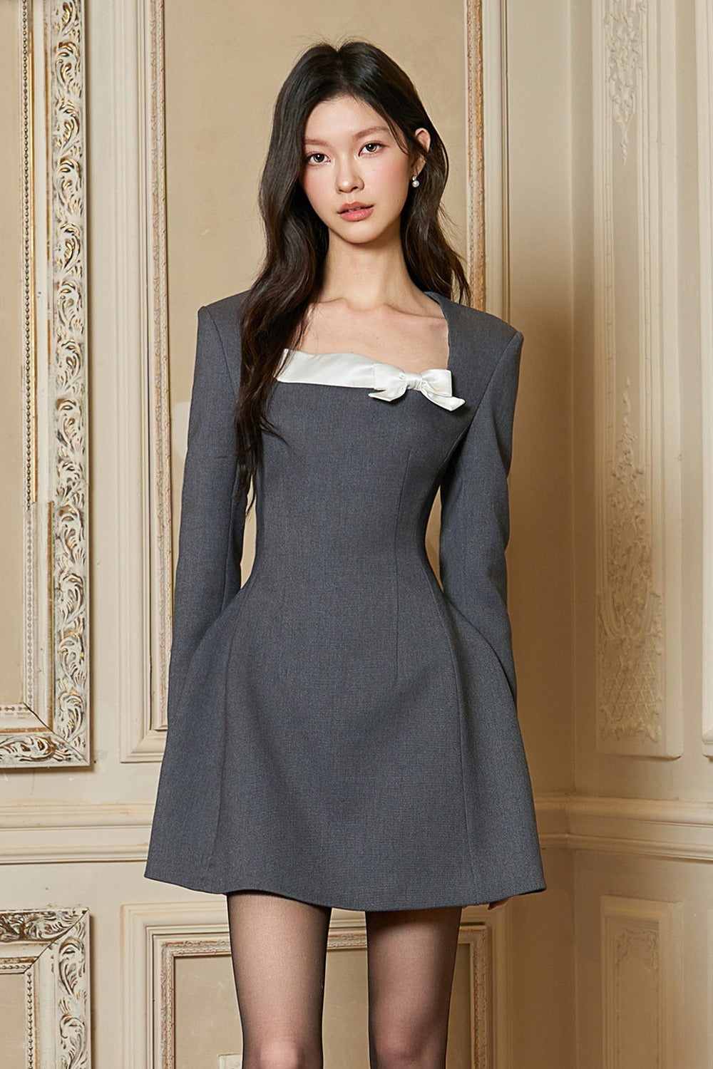 Gray Long Sleeve Square Neck Bow Bubble Dress