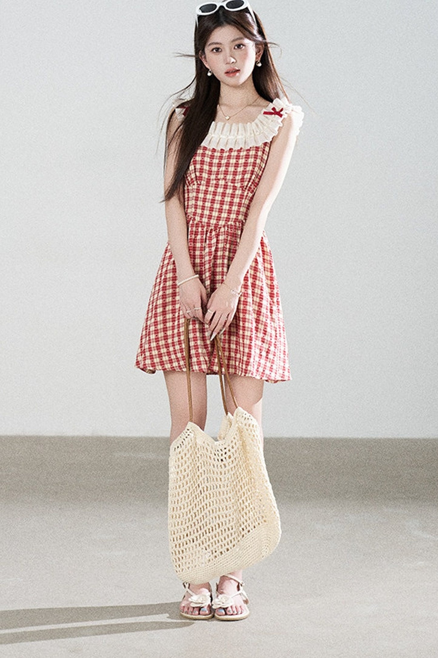 Red Plaid Sleeveless Ruffle Dress