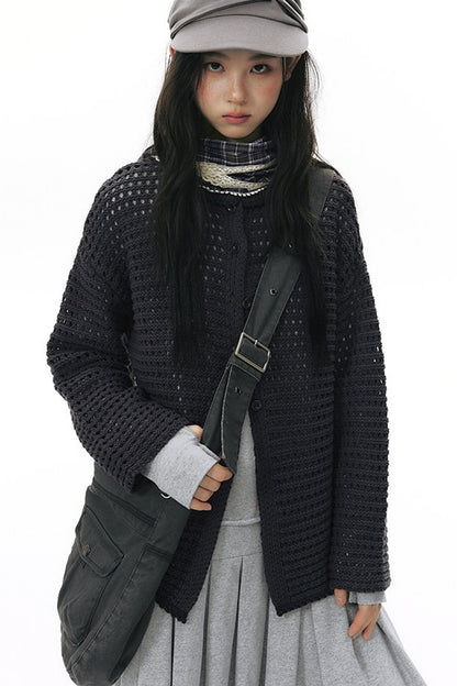 Solid Color Hollow Knit Cardigan