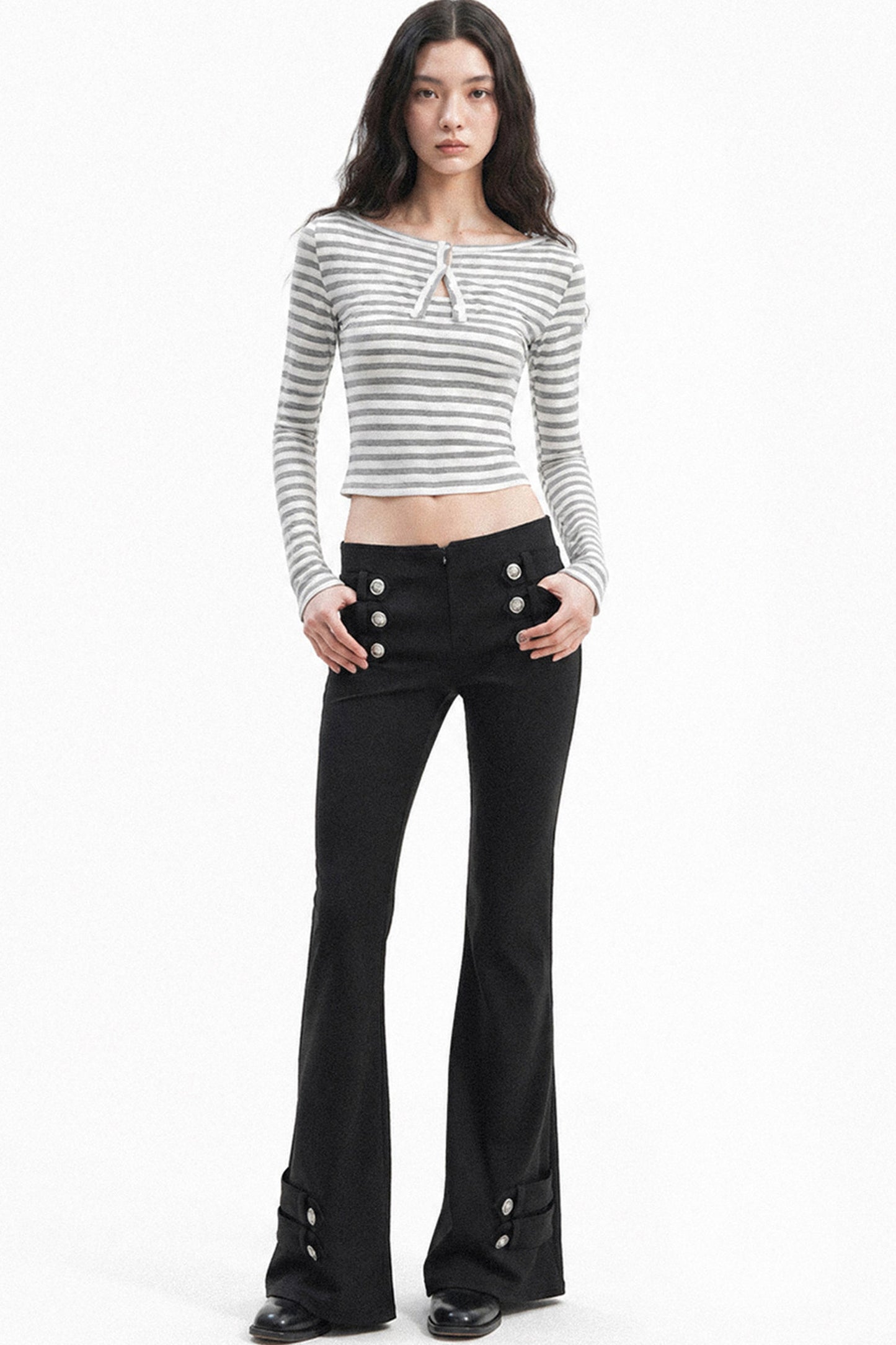 Low-Waist Waistless Buttoned Flared Pants