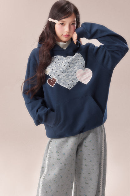 Heart Patchwork Embroidered Hooded Sweatshirt