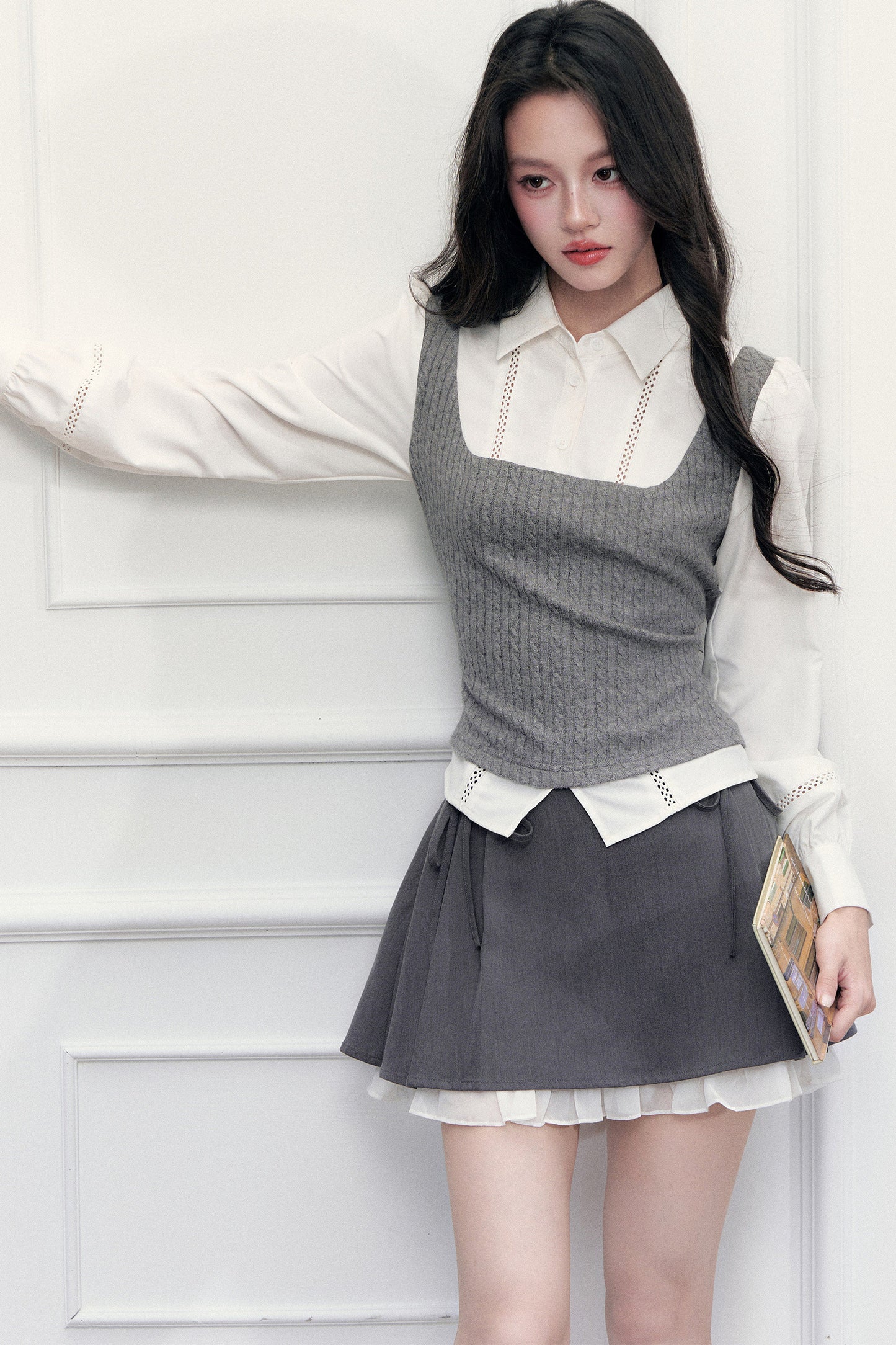 Gray Knit Vest Blouse and Skirt Set-Up