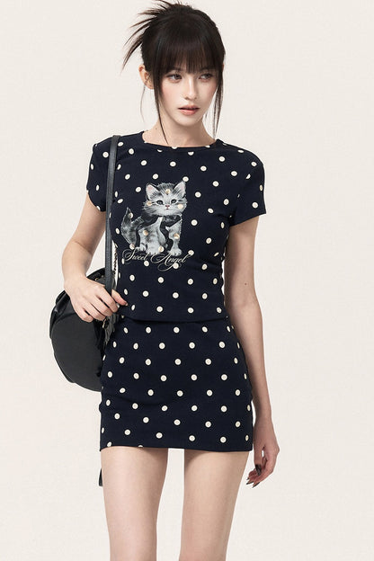 Polka Dot Cat Print Top Bodycon Skirt Pants Set-Up