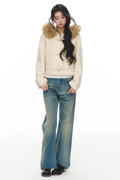 White Wool Hooded Jacket and Jeans Set-Up